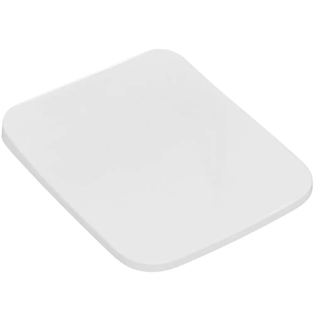 Weißer WC-Sitz von Ideal Standard, rechteckige Form mit abgerundeten Kanten, glatte Oberfläche. Ideal für den Einsatz in modernen Badezimmern.